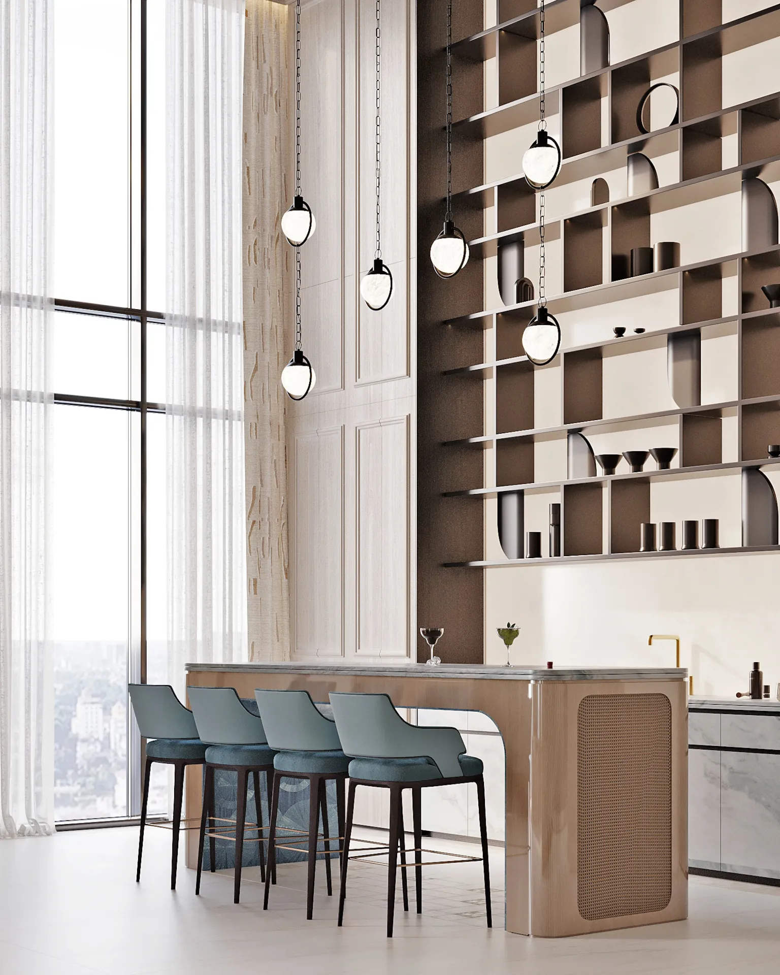 Bar & casual dining: long marble counter, four dark‑teal bar stools, a decorative metal‑and‑wood shelving wall, spherical pendant lights on black chains — perfect for breakfast or informal evenings.