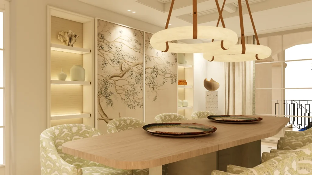 Dining room: organic oak table, four chairs with a green‑and‑white wave pattern (Japanese inspiration), and two ring pendant lights suspended on leather straps. The back wall features a blooming branch mural with illuminated niches.
