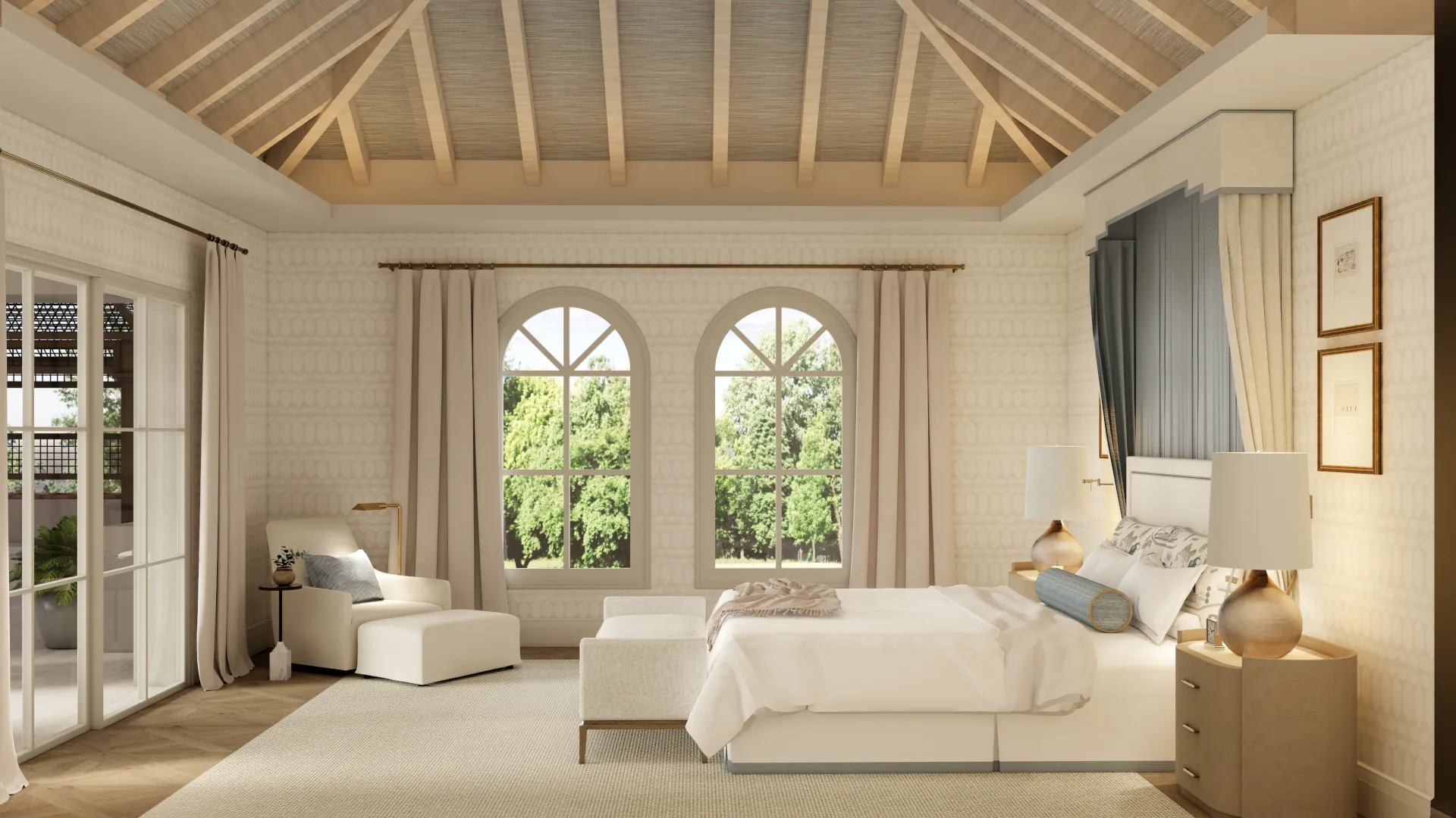 Master suite: high tufted headboard, arched windows, wooden beam ceiling, a cosy armchair with ottoman, and access to the terrace. Sublight textured walls create a serene and calm atmosphere.
