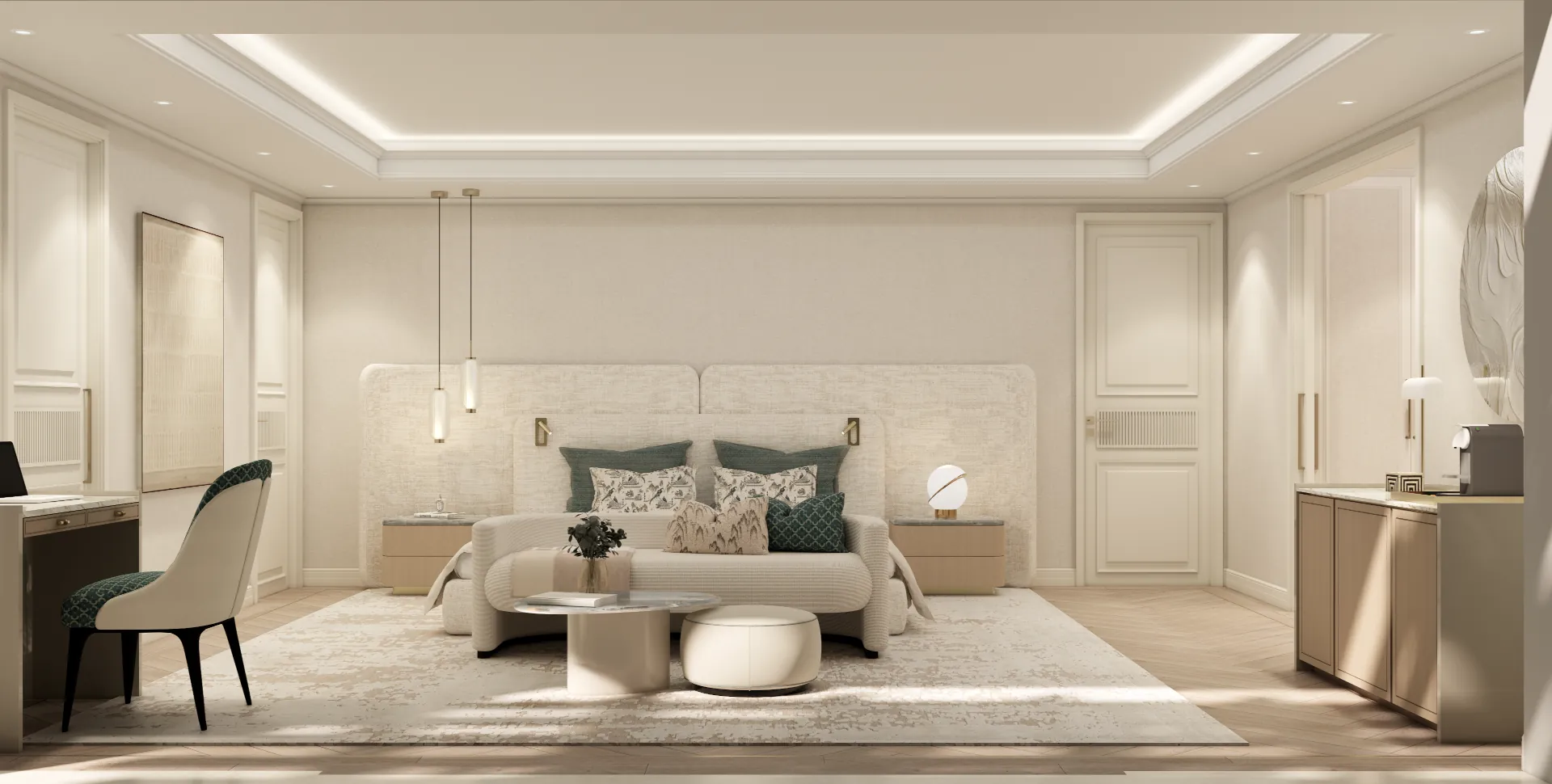 Master suite: high tufted headboard, arched windows, wooden beam ceiling, a cosy armchair with ottoman, and access to the terrace. Sublight textured walls create a serene and calm atmosphere.