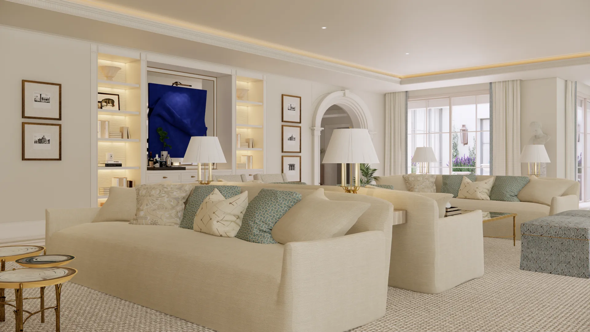 Fireplace lounge: high pitched ceiling with wooden beams, bronze‑crystal chandelier, white mantelpiece, two grey‑blue armchairs, and a large mirror in an ornate gold frame — quiet luxury with classical character.