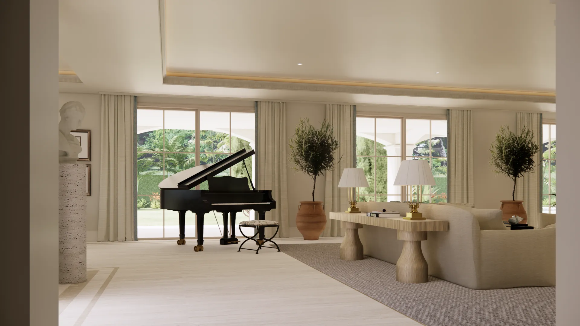 Grand living room: a black concert grand piano framed by tall windows overlooking a palm garden. Light sofa, wooden console table, elegant lamps, and decorative columns — the home’s most representative space.