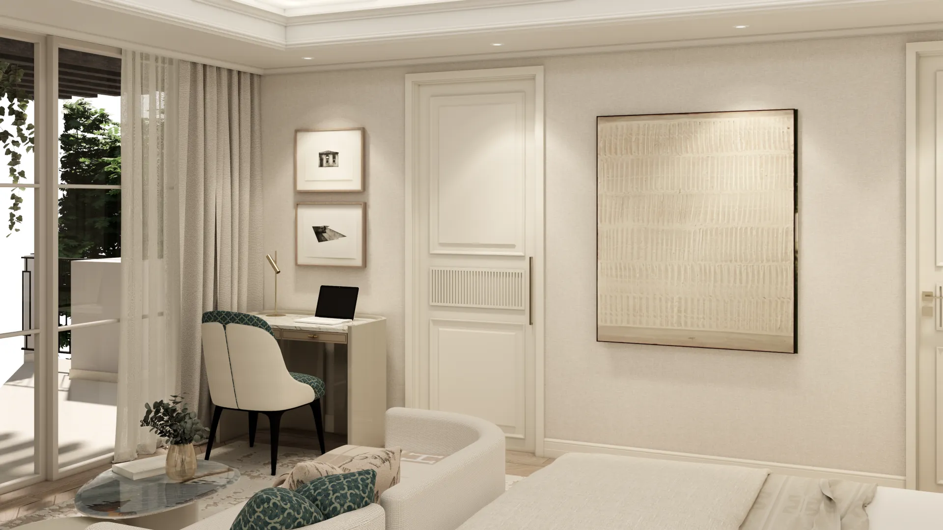 Study nook: a delicate writing desk, a dark‑green patterned chair, abstract art and graphic prints on the wall, bathed in natural light from large windows — an intimate corner for focus.