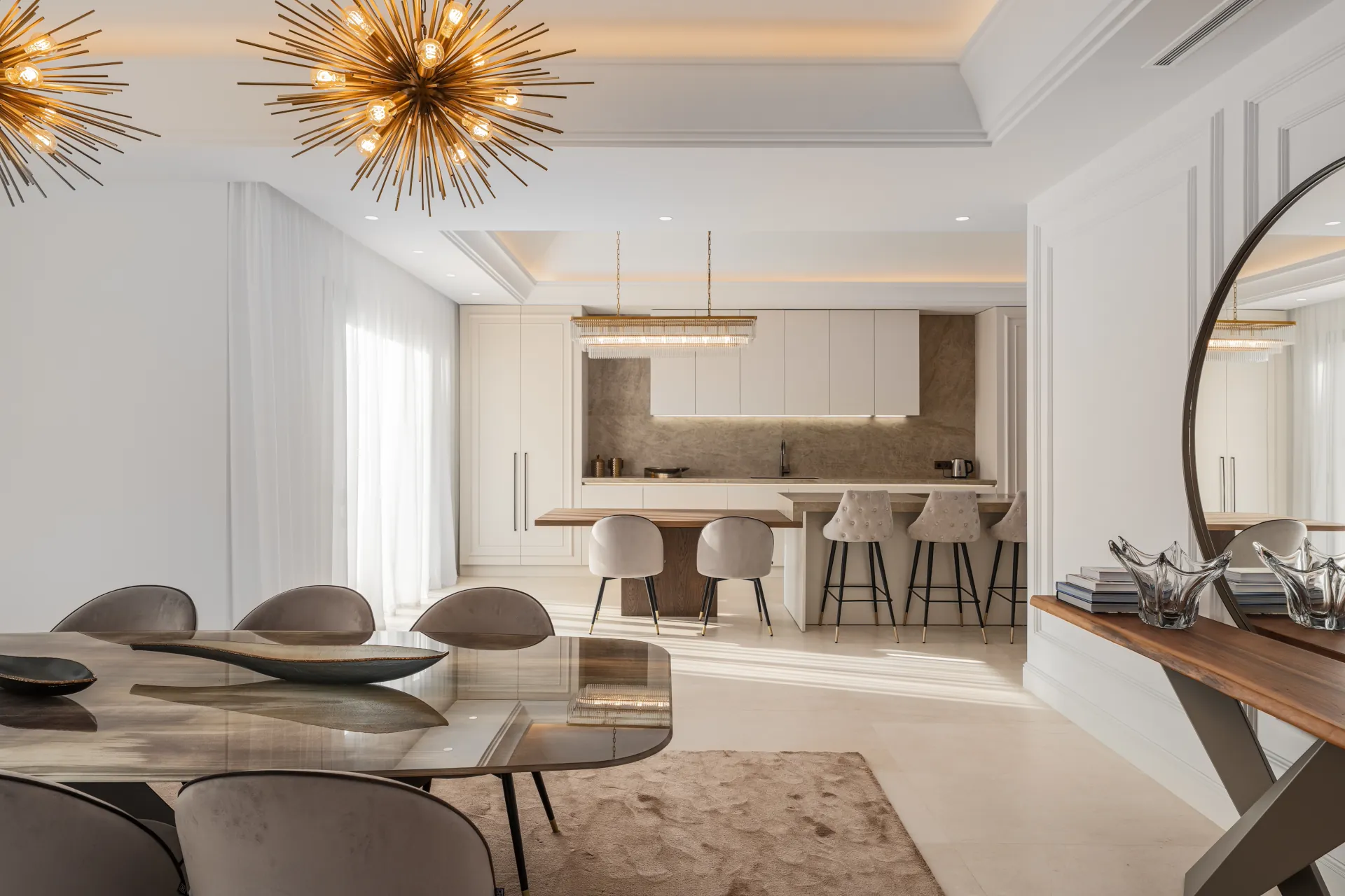 Open living · Golden spike chandeliers · Stone island. A space that breathes both classic elegance and contemporary glamour. The virtual staging captured every reflective surface and sunbeam.