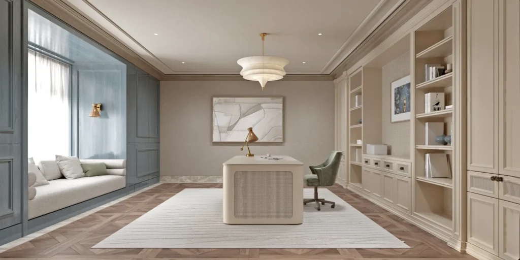 First impression: herringbone oak, cream desk with cane webbing, sage‑green armchair, and a sculptural white chandelier. Every texture — from velvet to woven lampshade — was digitally rendered before a single screw was turned.