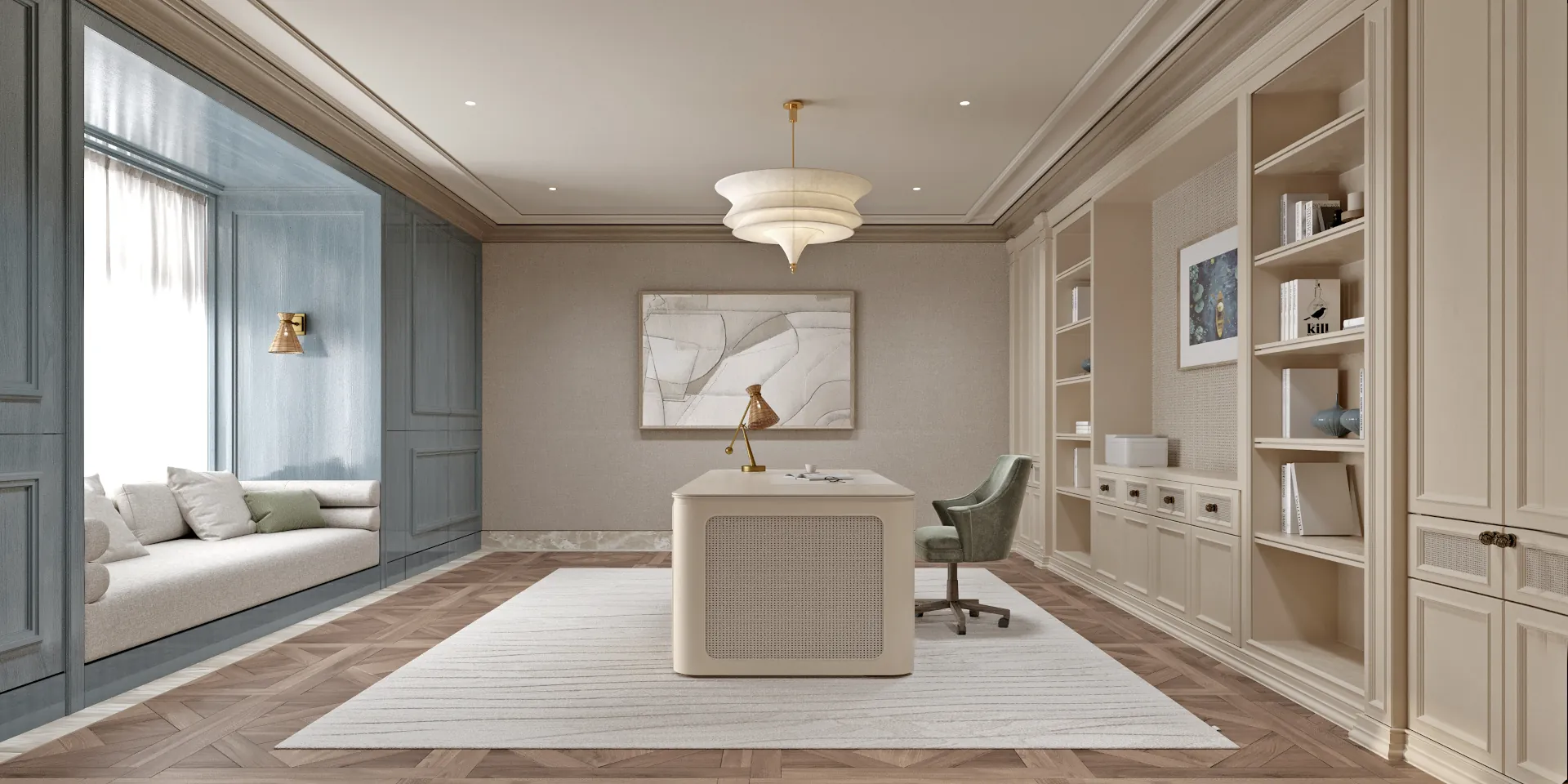 First impression: herringbone oak, cream desk with cane webbing, sage‑green armchair, and a sculptural white chandelier. Every texture — from velvet to woven lampshade — was digitally rendered before a single screw was turned.