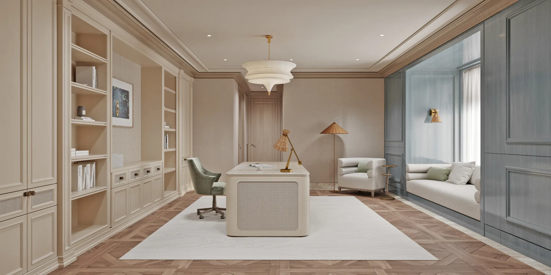 The long perspective reveals floor‑to‑ceiling storage in cream cabinetry, a window bench with soft cushions, and an abstract painting anchoring the far wall. Quiet luxury, functional symmetry, and warm Mediterranean‑Asian light.