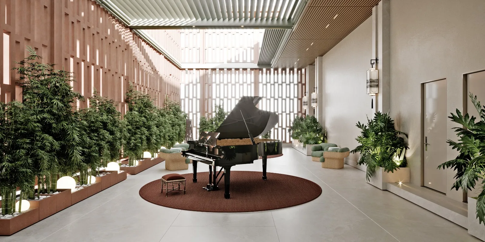 The heart of the home: a black concert grand piano on a terracotta rug, surrounded by bamboo, perforated wood walls, and skylight‑illuminated ceiling. A space for music, meditation, and reception.