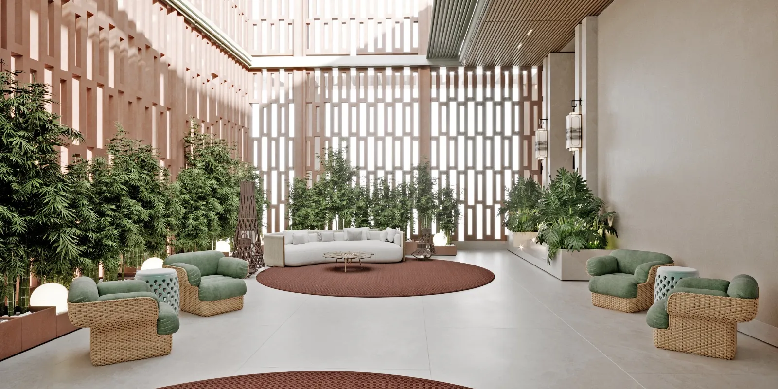 Modular checkered‑beige sofa, emerald green rug, woven armchairs, and towering plants. Relaxation nest within the atrium, balancing texture and tropical calm.