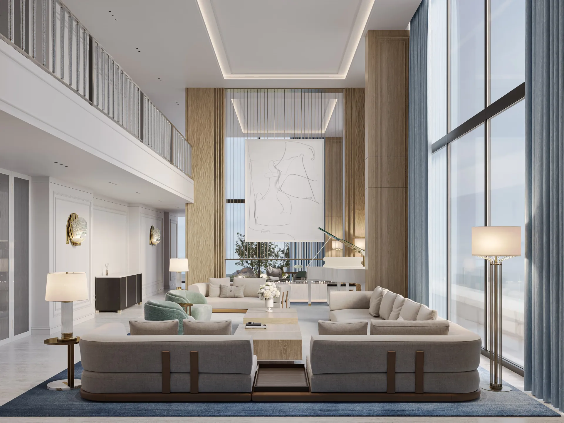 Modular checkered‑beige sofa, emerald green rug, woven armchairs, and towering plants. Relaxation nest within the atrium, balancing texture and tropical calm.