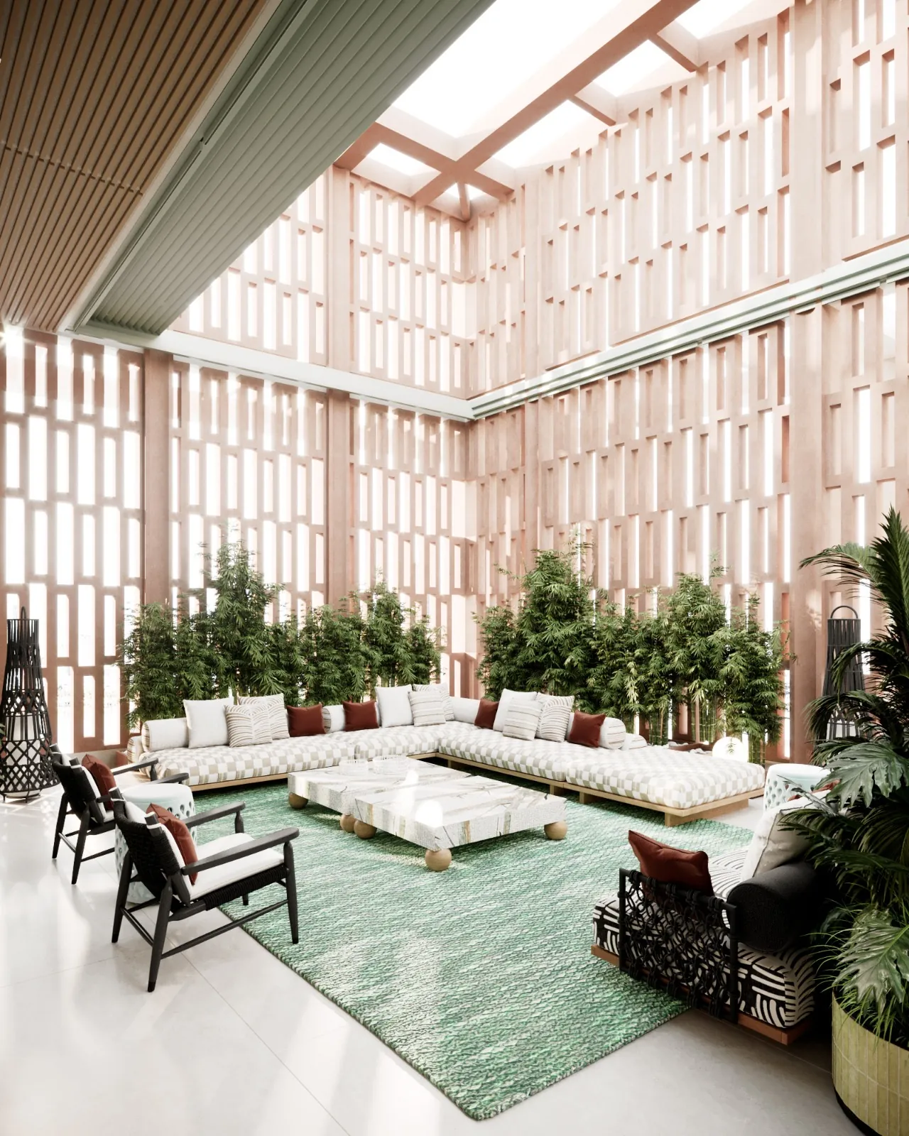 Open‑air dining: round mosaic table with bamboo pattern, dark‑blue woven chairs, white cushions, and a green rug under the sky. Al fresco elegance.