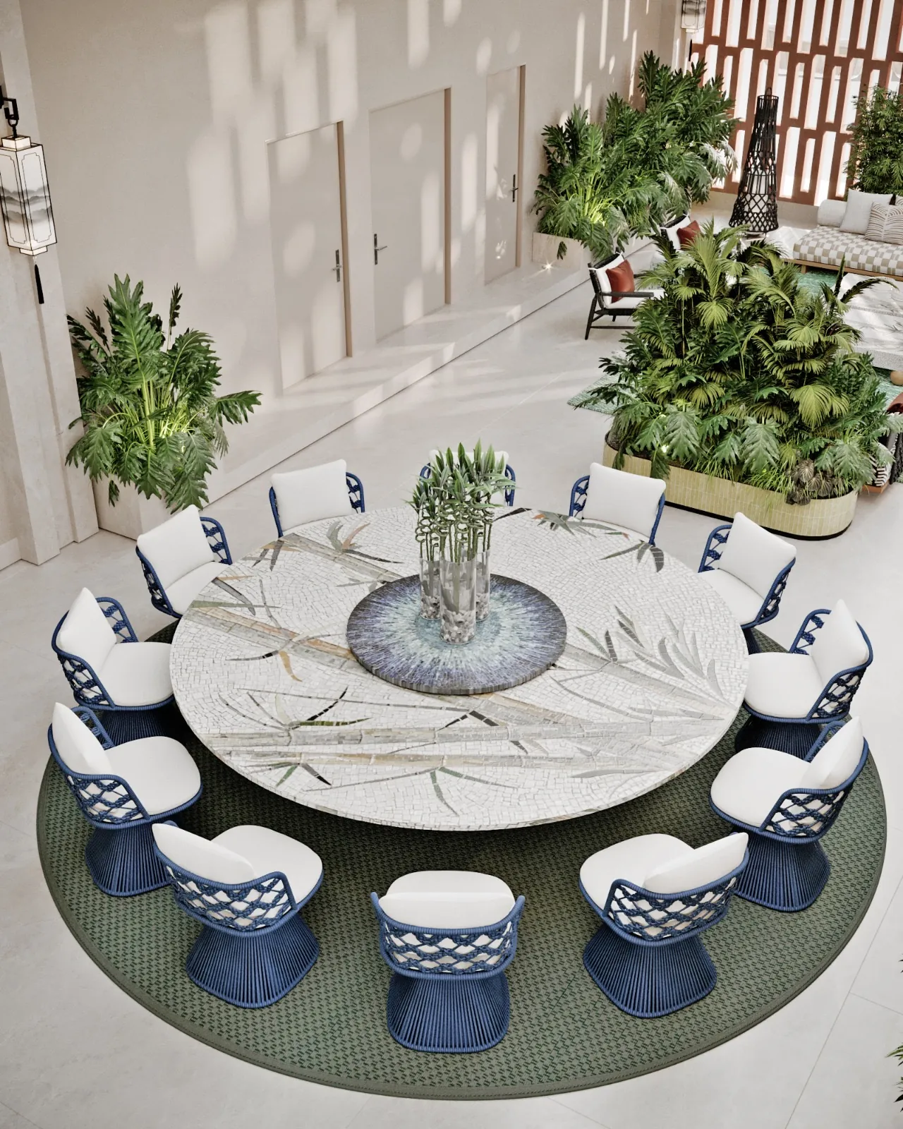 Boardroom: long radial‑wood table, ten modern chairs, blue carpet, wine display shelves, and contemporary pendant lights — functional luxury for meetings.