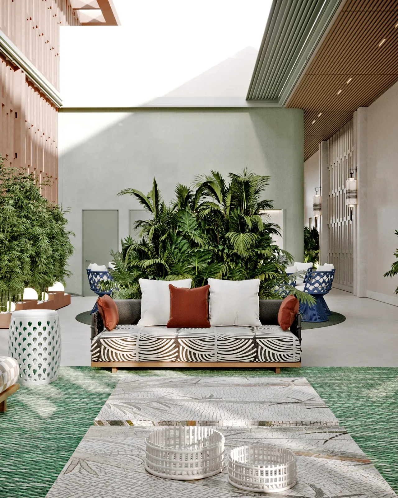 Double‑height living room with a white grand piano, floor‑to‑ceiling windows, neutral sofas, blue rug, and abstract art — a more urban, formal contrast to the tropical atrium.